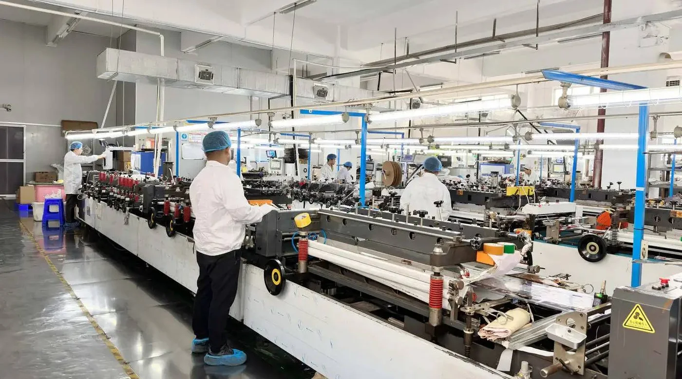 Bag-making lines at the Sayru packaging plant in Shenzhen, China