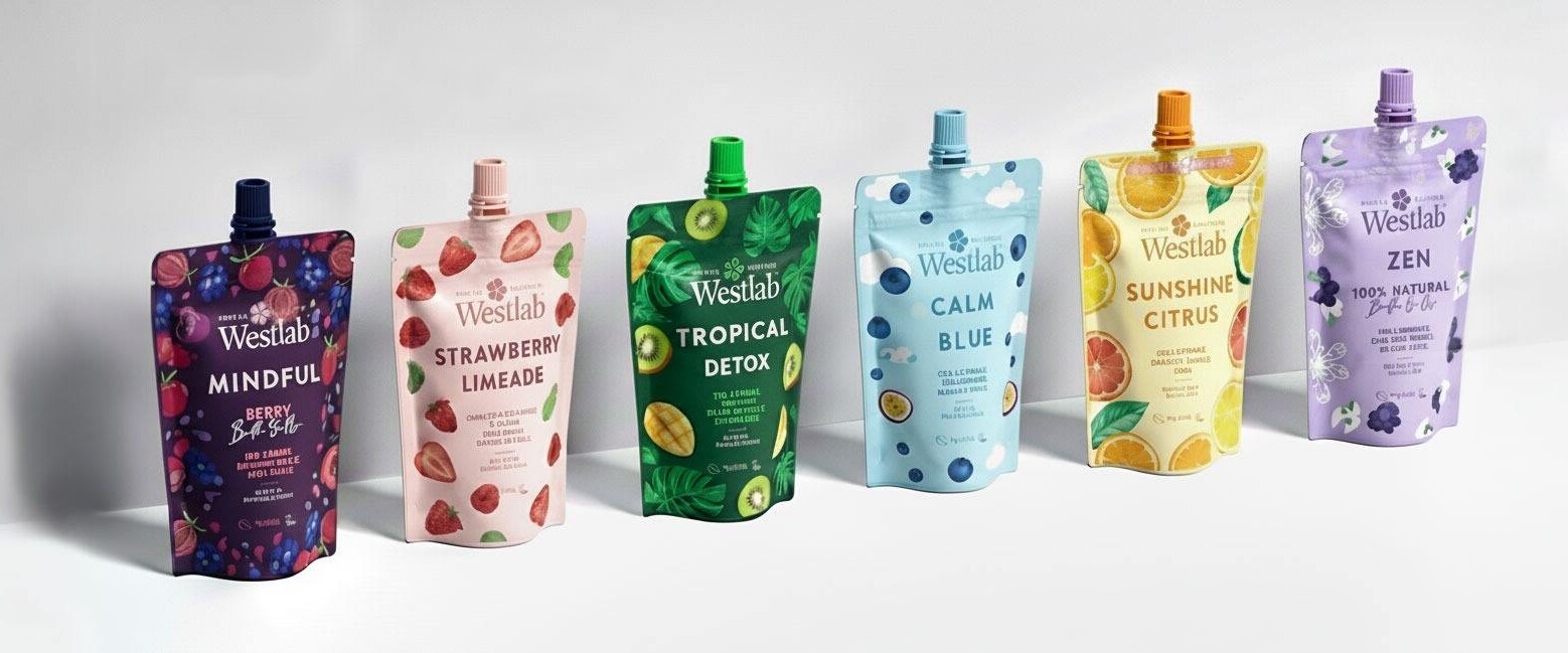 Six spouted drink pouches in a row, one artwork family printed across six flavours