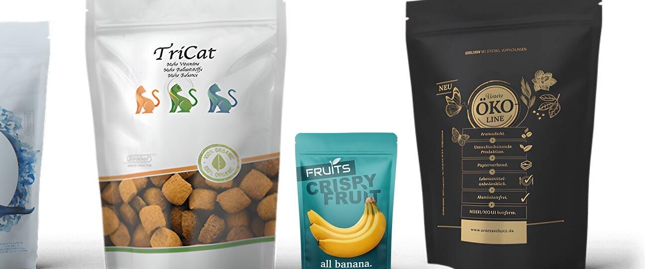 Printed stand-up pouches for pet food, snacks and coffee on a white background