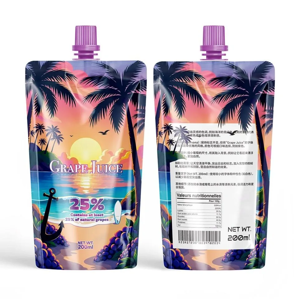 Custom Printed Compostable Spout Pouch for Juice (50 ml) — spout pouch in PLA / PBAT compostable laminate with spout