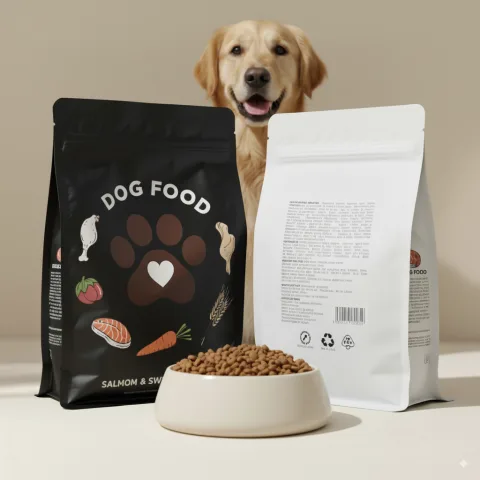 Custom Printed Recycled Pet Food Bag for Dry Pet Food (1 kg) No. 2 — flat bottom bag in PET / PE laminate