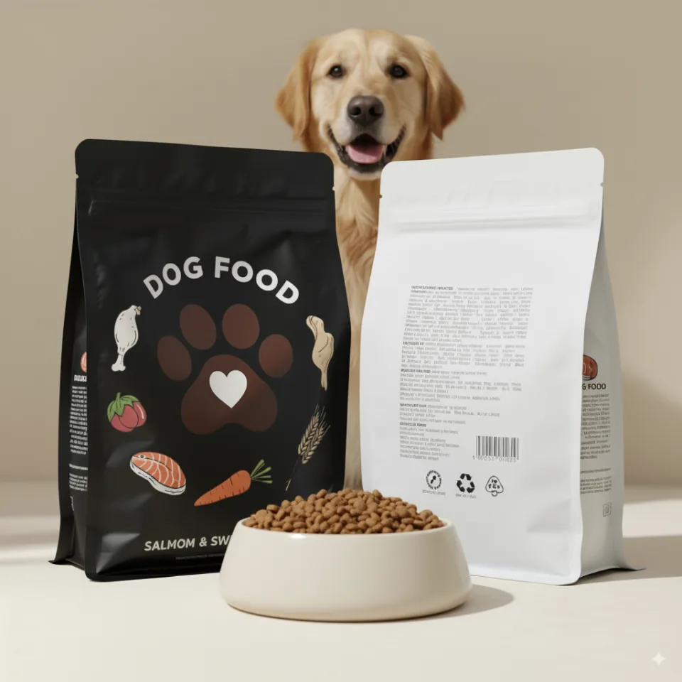 Custom Printed Recycled Pet Food Bag for Dry Pet Food (1 kg) No. 2 — flat bottom bag in PET / PE laminate