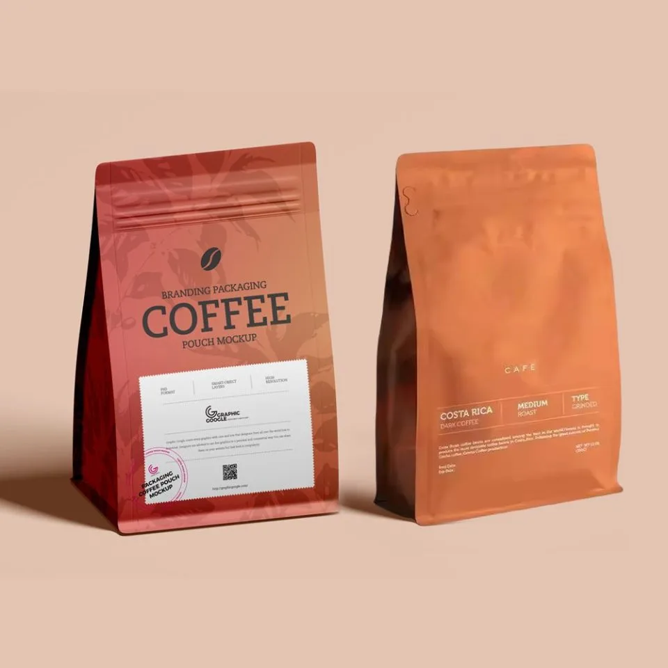 Custom Printed Compostable Coffee Bag with Zipper and Valve No. 2 — flat bottom bag in PLA / PBAT compostable laminate with zipper, degassing valve