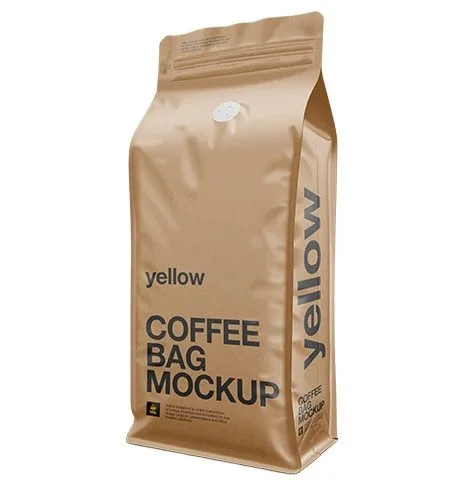 Custom Printed Compostable Coffee Bag with Valve — side gusset bag in PLA / PBAT compostable laminate with degassing valve