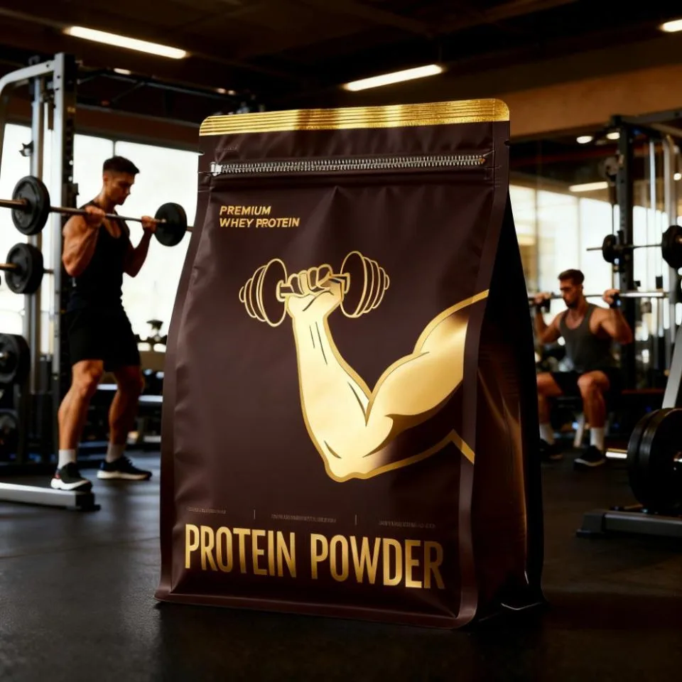 Custom Printed Recycled Foil Whey Protein Bag with Zipper (5 kg) — stand up pouch in PET / AL / PE laminate with zipper