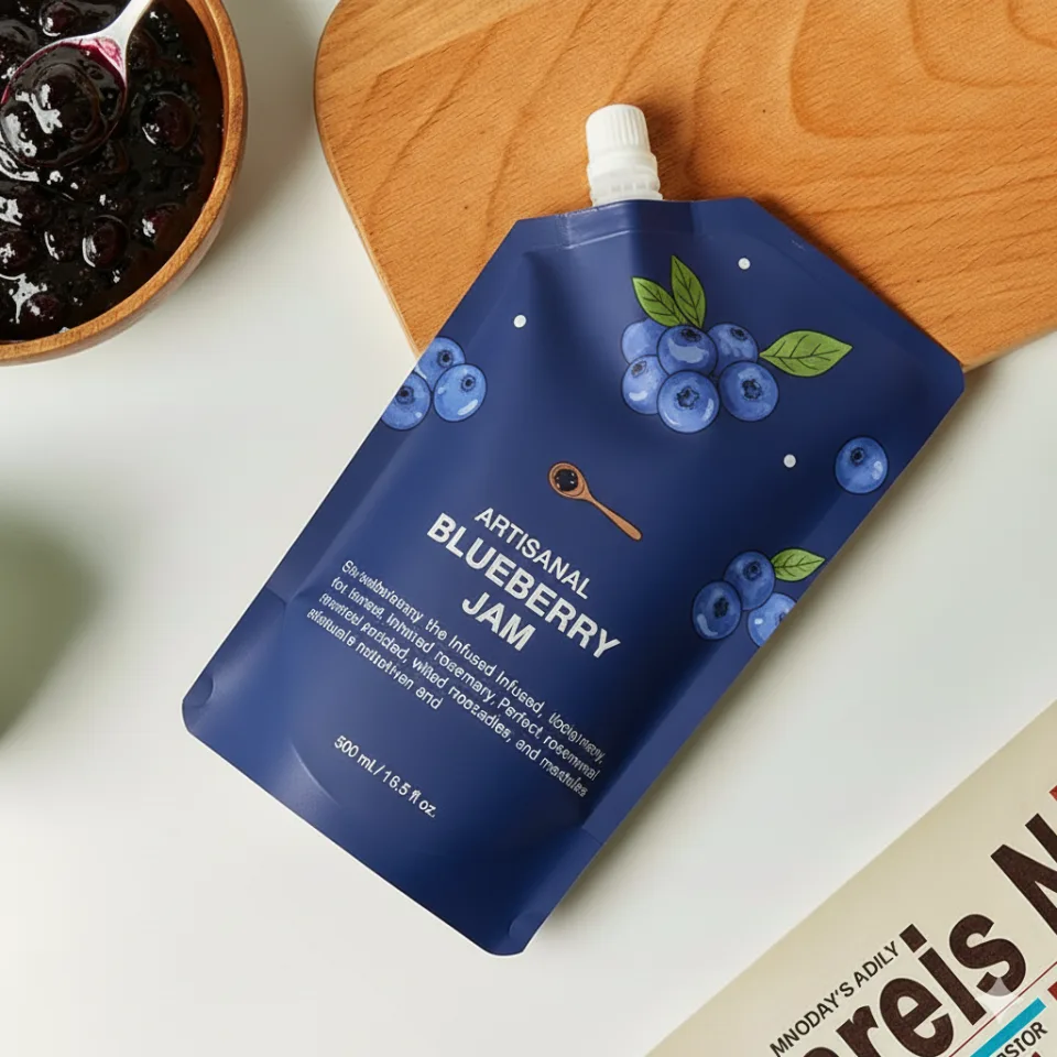 Custom Printed Recycled Spout Pouch for Juice (100 ml) — spout pouch in PET / PE laminate with spout
