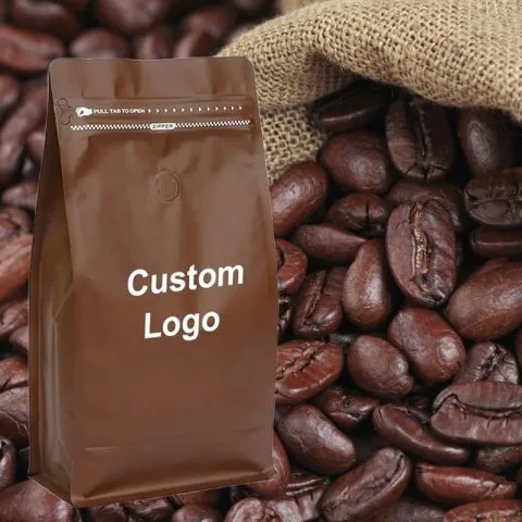 Custom Printed Foil Coffee Bag with Zipper and Valve — flat bottom bag in PET / AL / PE laminate with zipper, degassing valve