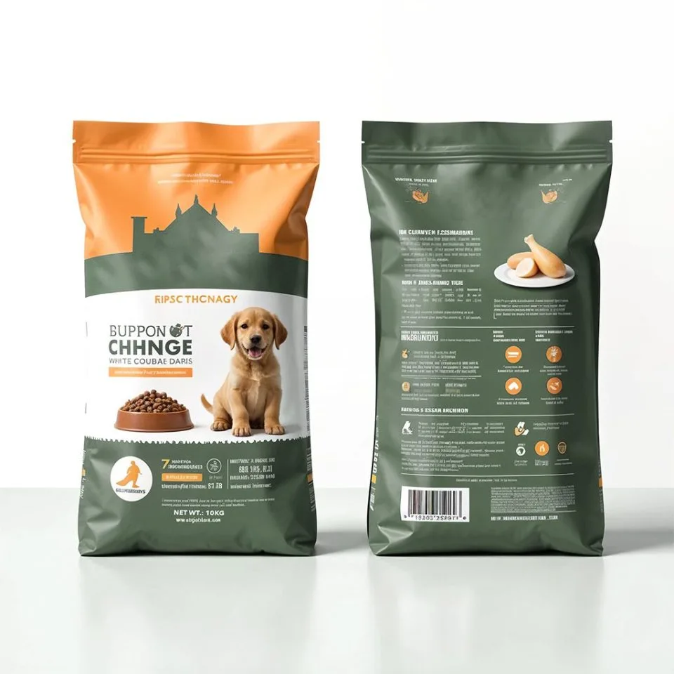 Custom Printed Pet Food Bag with Zipper (1 kg) — flat bottom bag in PET / PE laminate with zipper
