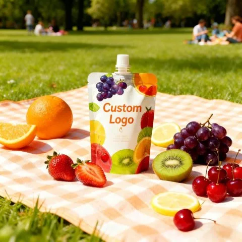 Custom Printed Compostable Spout Pouch with Zipper (100 ml) — spout pouch in PLA / PBAT compostable laminate with zipper, spout