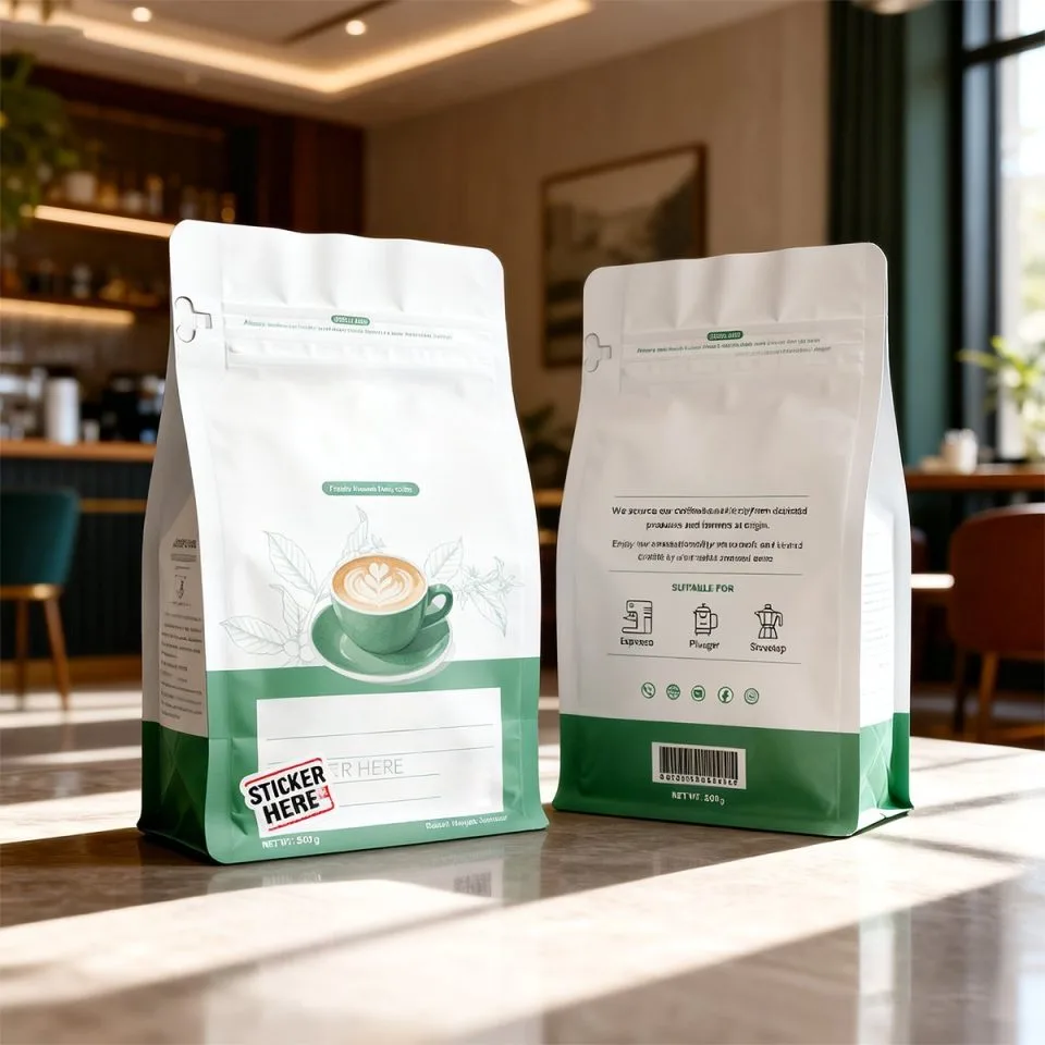 Custom Printed Foil Matt Coffee Bag with Valve (250 g) — flat bottom bag in PET / AL / PE laminate with degassing valve