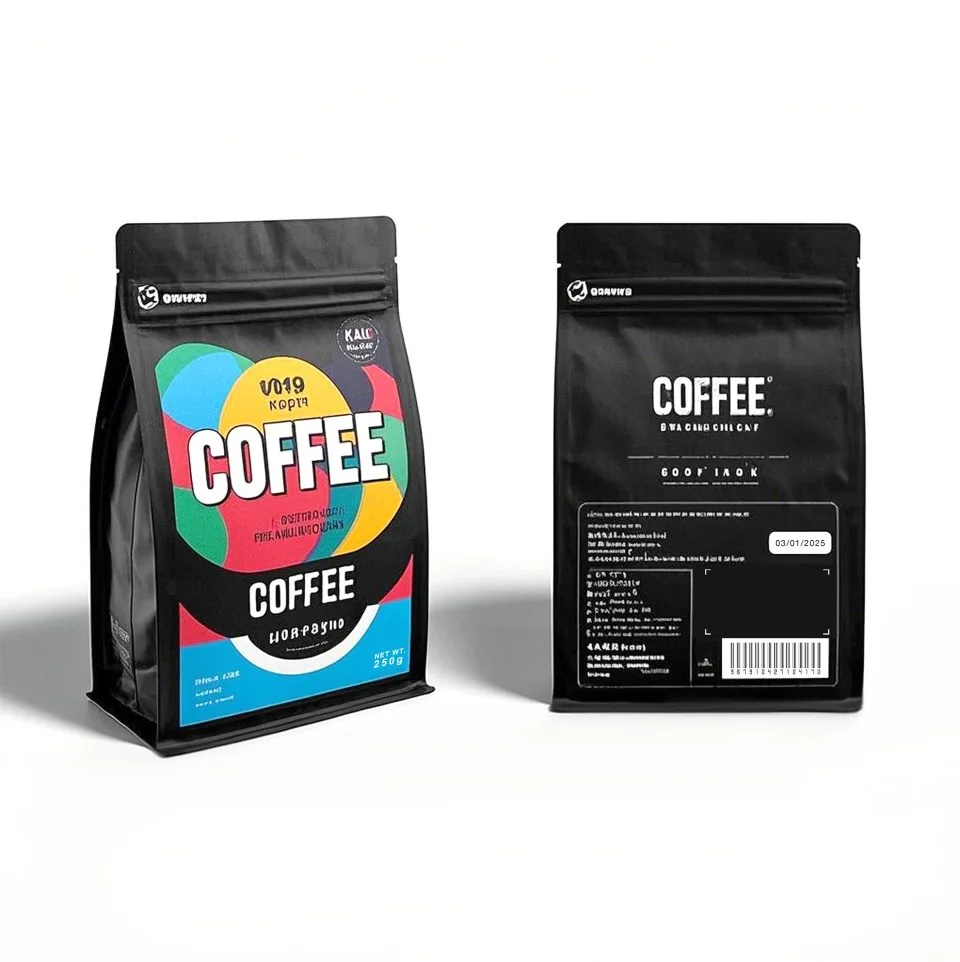 Custom Printed Recycled Matt Coffee Bag with Zipper and Valve (250 g) — flat bottom bag in PET / PE laminate with zipper, degassing valve