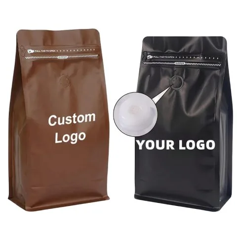 Custom Printed Foil Coffee Bag with Zipper and Valve (250 g) — flat bottom bag in PET / AL / PE laminate with zipper, degassing valve