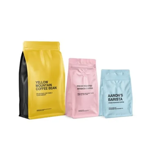 Custom Printed Coffee Bag with Zipper and Valve No. 2 — flat bottom bag in PET / PE laminate with zipper, degassing valve