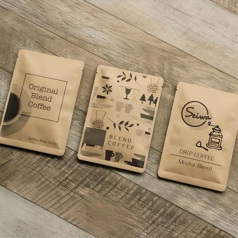 Custom Printed Kraft Coffee Bag for Whole Bean and Ground Coffee No. 2 — three side seal pouch in Kraft paper / PE laminate