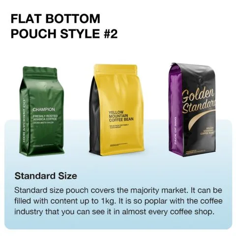 Custom Printed Compostable Flat Bottom Bag with Zipper and Valve (100 g) — flat bottom bag in PLA / PBAT compostable laminate with zipper, degassing valve