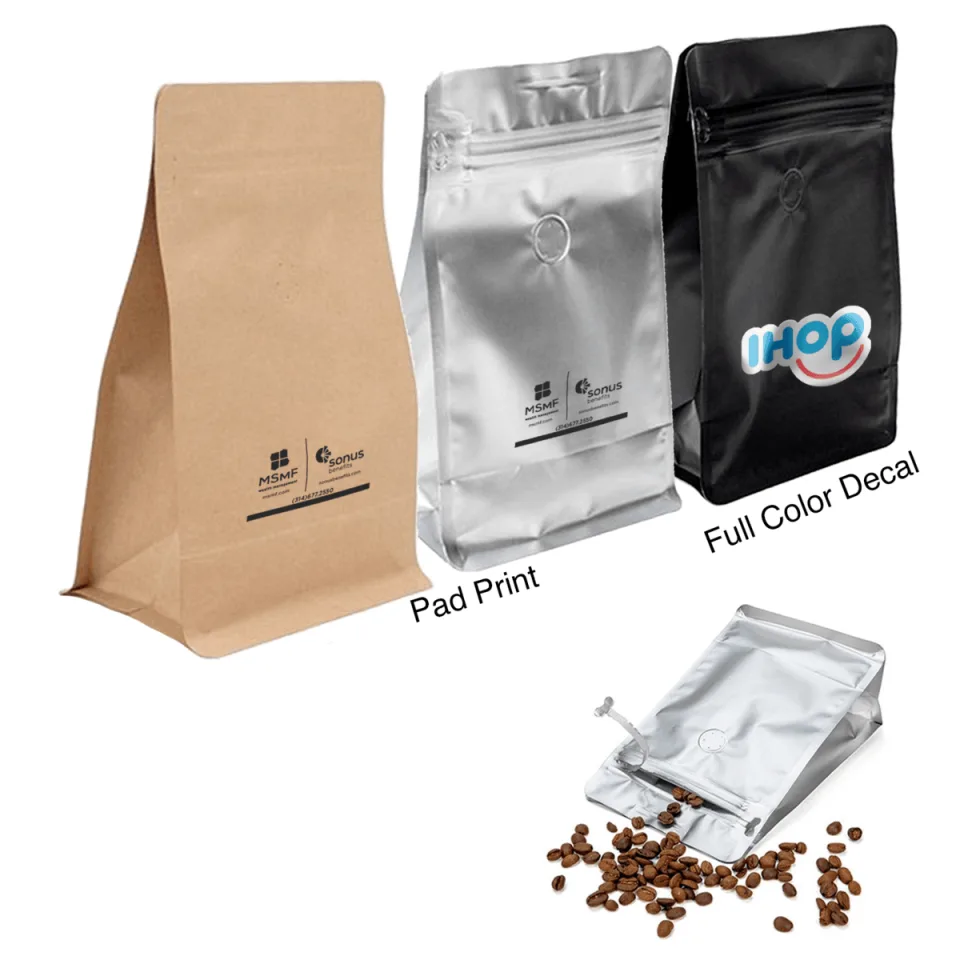 Custom Printed Coffee Bag with Valve (250 g) — flat bottom bag in PET / PE laminate with degassing valve