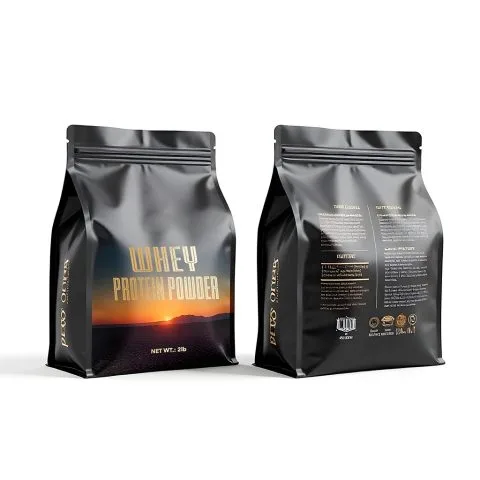 Custom Printed Recycled Foil Whey Protein Bag with Zipper (1 kg/2 kg/3 kg/5 kg) — flat bottom bag in PET / AL / PE laminate with zipper