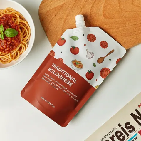 Custom Printed Compostable Spout Pouch for Juice (100 ml) No. 4 — spout pouch in PLA / PBAT compostable laminate with spout