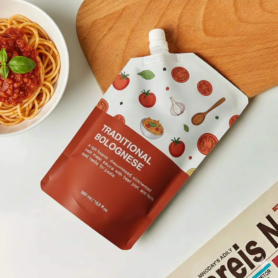 Custom Printed Compostable Spout Pouch for Juice (100 ml) No. 4 — spout pouch in PLA / PBAT compostable laminate with spout