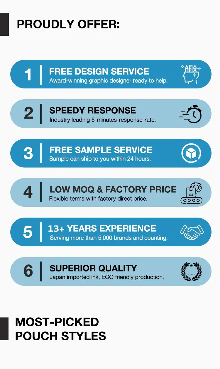 Custom pouch factory services: free packaging design, free samples, low MOQ and factory-direct pricing