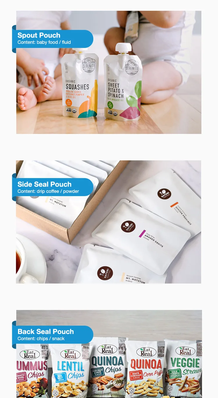 Custom spout pouch, side seal pouch and back seal pouch made to order