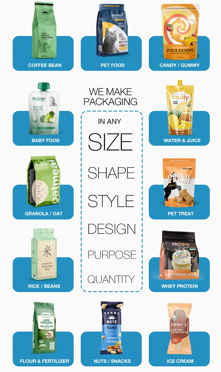 Custom printed pouches in any size, shape and style for coffee, snacks and pet food