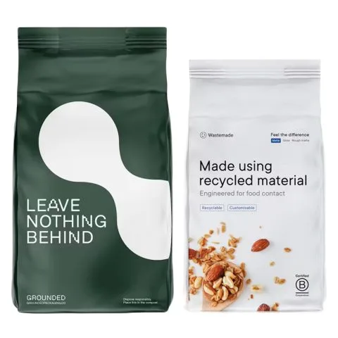 Custom Printed Recycled Coffee Bag with Zipper and Valve (250 g) — flat bottom bag in PET / PE laminate with zipper, degassing valve