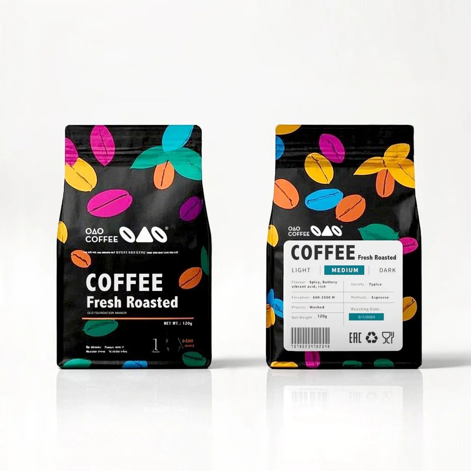 Custom Printed Coffee Bag with Zipper and Valve (250 g) No. 4 — flat bottom bag in PET / PE laminate with zipper, degassing valve