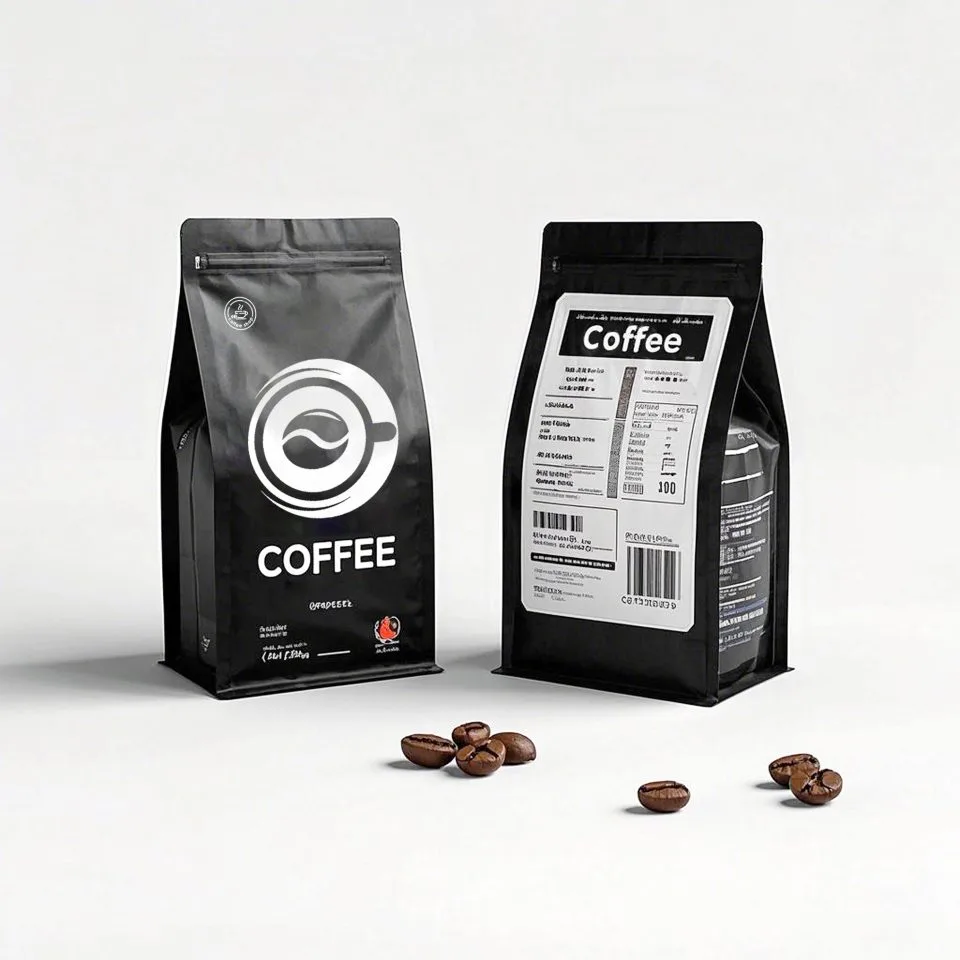 Custom Printed Recycled Matt Coffee Bag with Zipper and Valve (250 g) No. 2 — flat bottom bag in PET / PE laminate with zipper, degassing valve