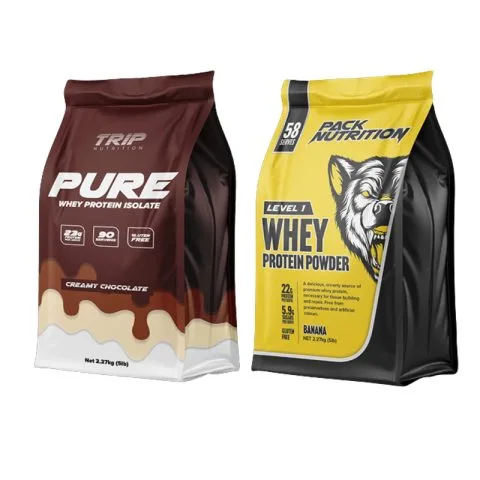 Custom Printed Foil Whey Protein Bag with Zipper (1 kg) — flat bottom bag in PET / AL / PE laminate with zipper